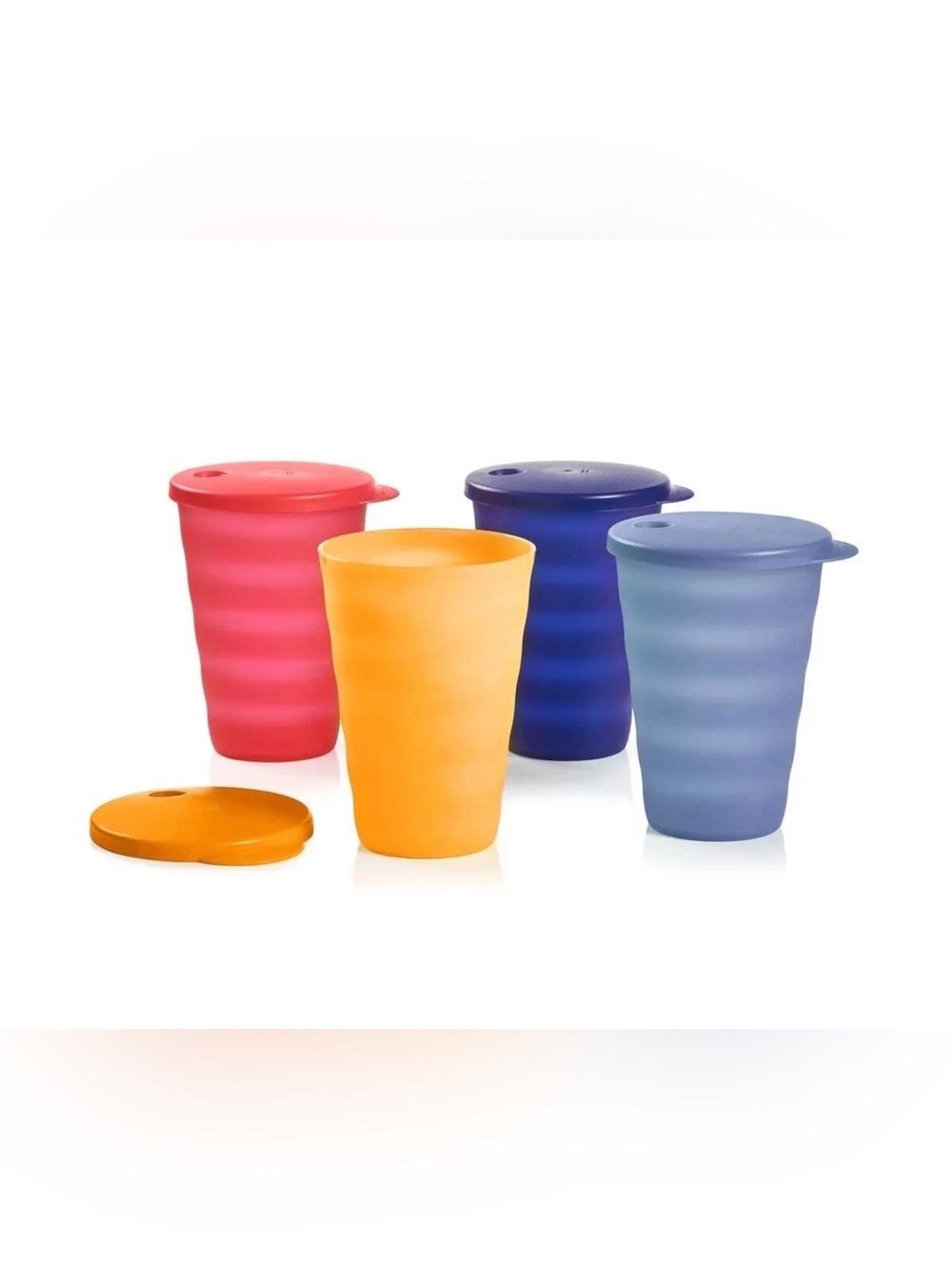 4 TUPPERWARE 16oz Tumblers DRIPLESS STRAW HOLE SEALS LIDS IMPRESSIONS RED PURPLE